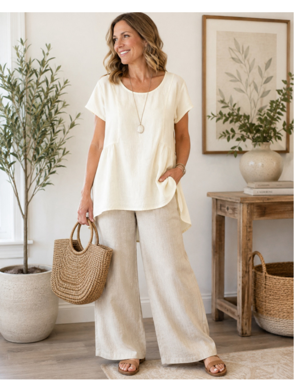 FLAX Women’s Cream Babydoll Tunic Top Short Sleeve High Low Size M - Picture 1 of 6